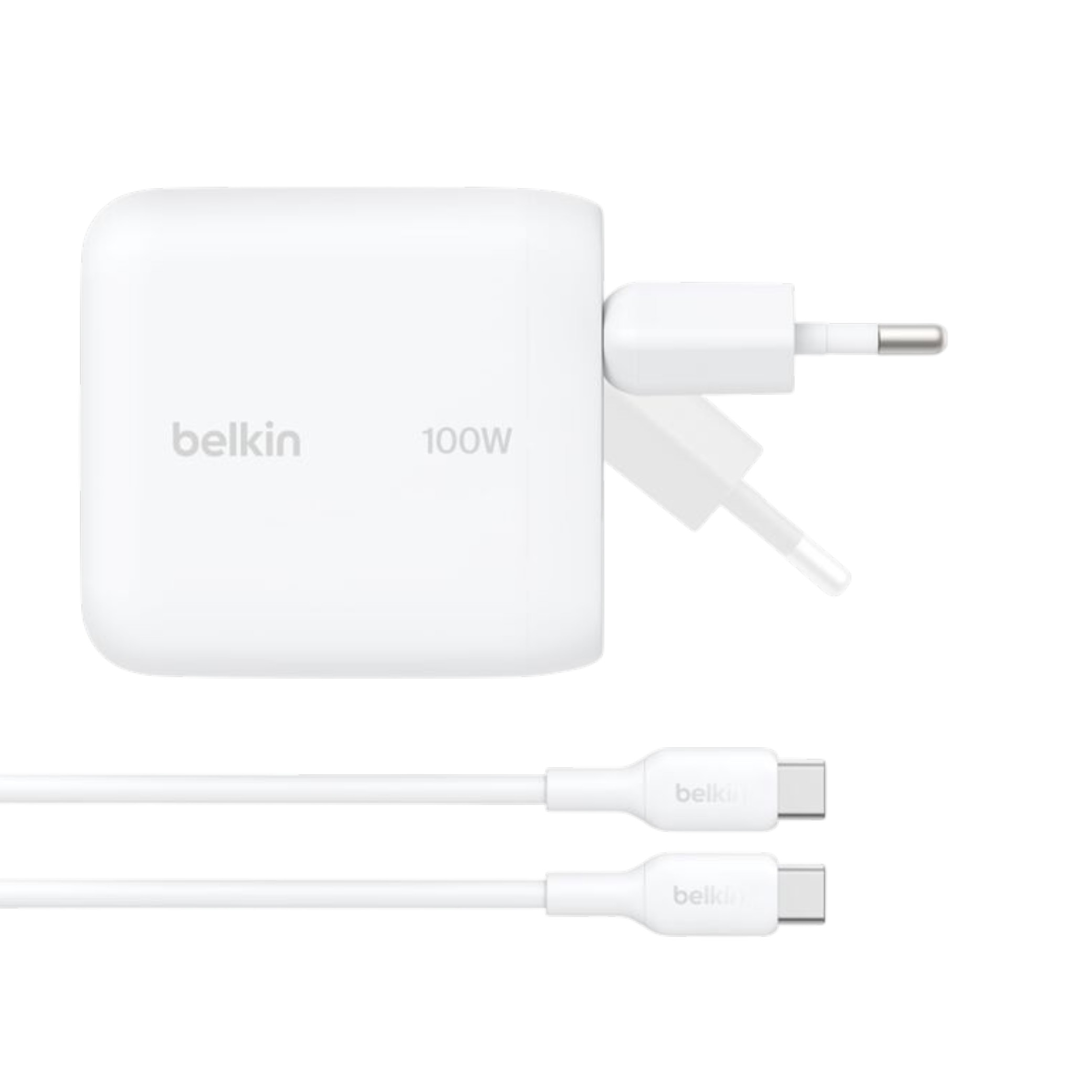 White Belkin BoostCharge GaN 100 W charger with included USB-C cable