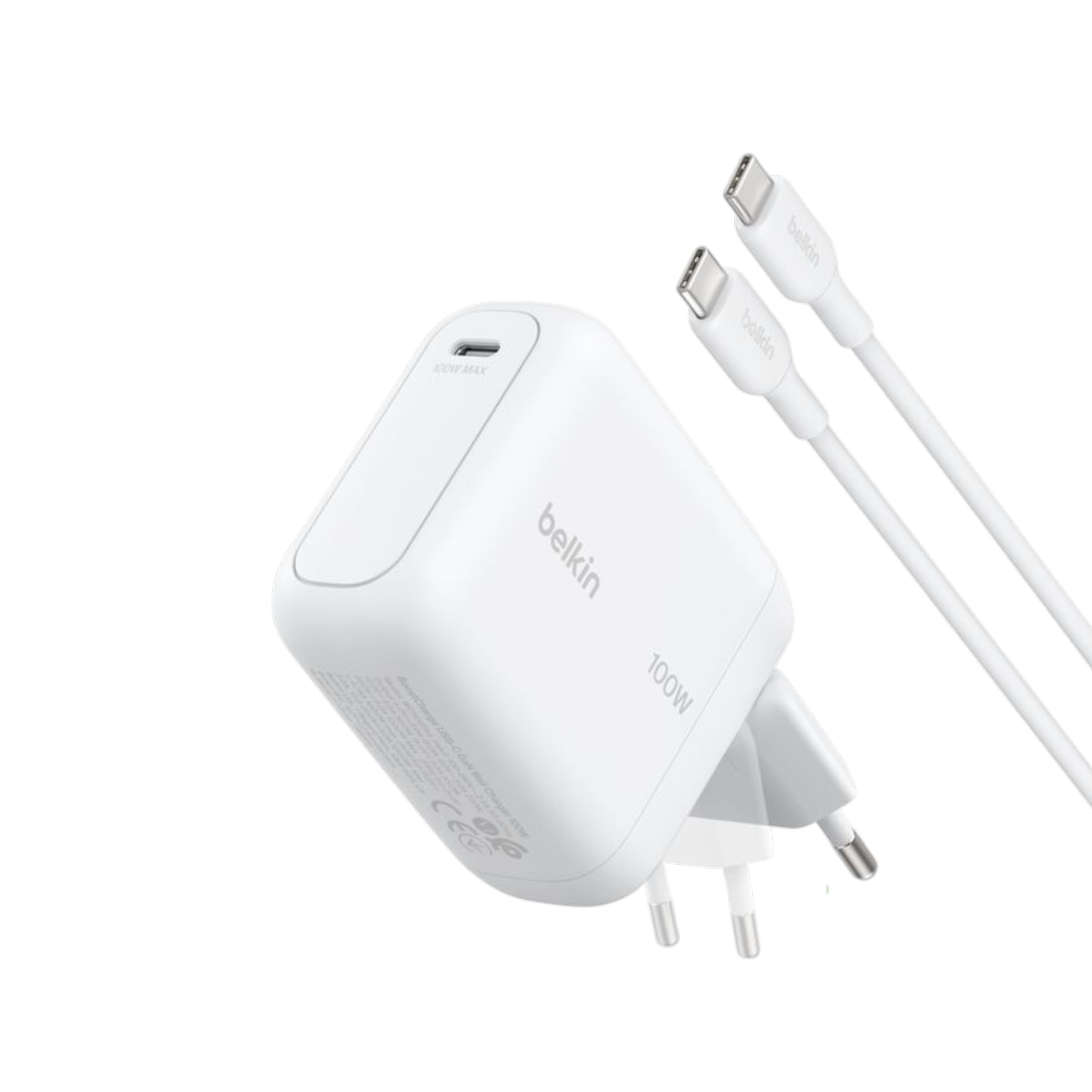 White Belkin charger with folding European plug and USB-C cable